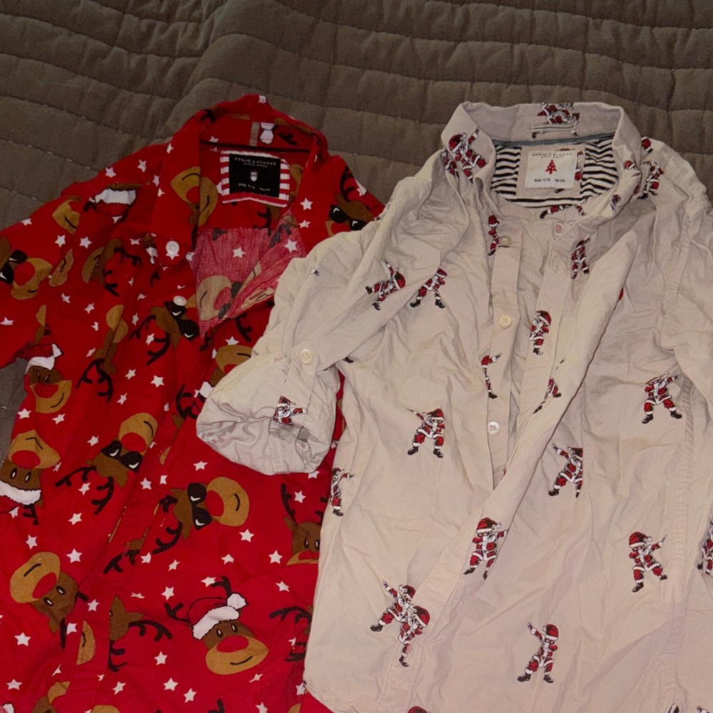 Boys Red Reindeer and Beige Santa Print Shirts